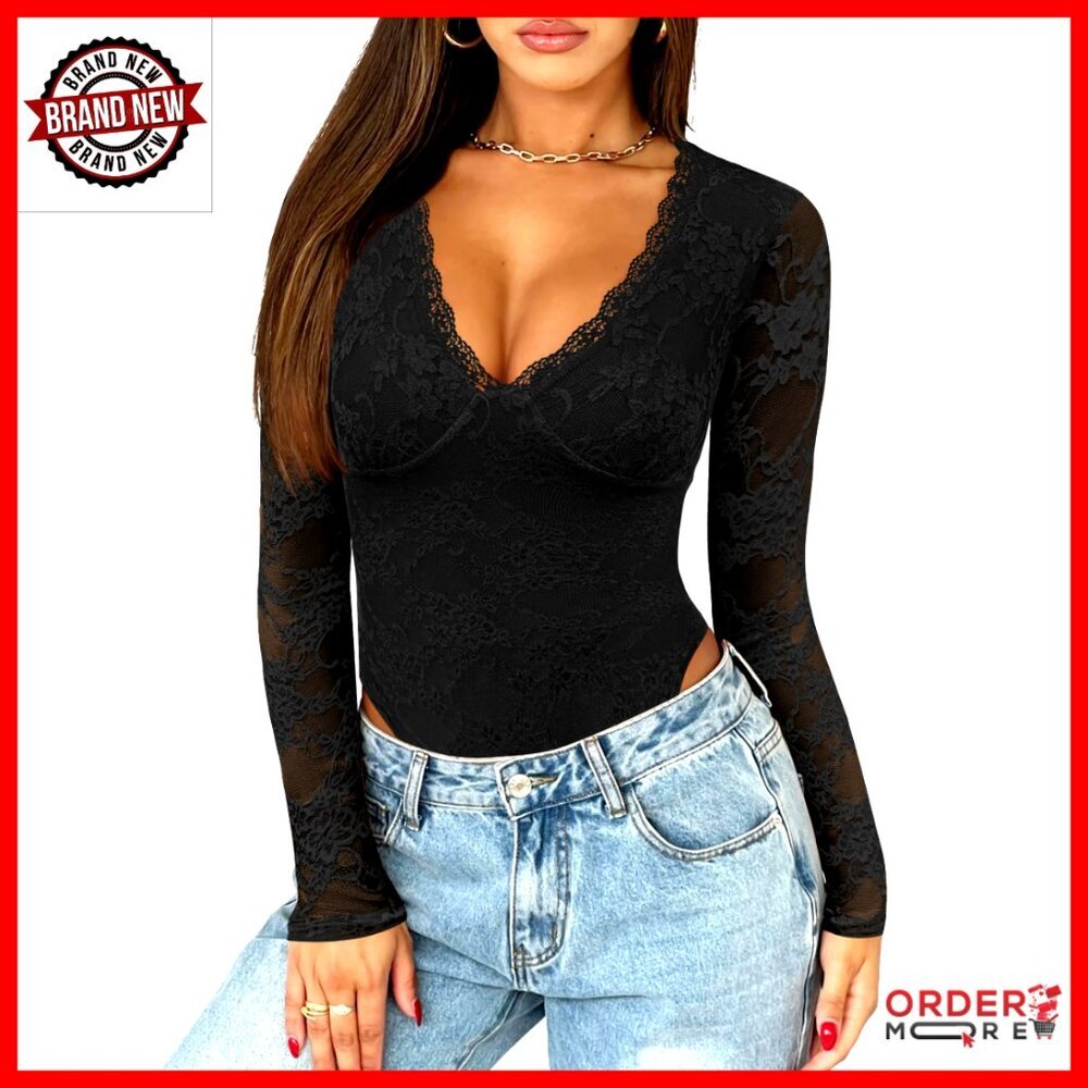 Long Sleeve Lace Bodysuit with Snap Button, V-Neck, Double Lined